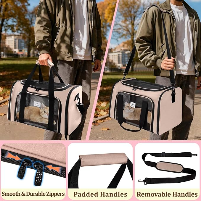 Cat Carrier - Cat Carrier Soft with Plush Pad & Cooling Mat, Easy-Load 4-Side Zipper & 3-Side Mesh Ventilation, Pet Carrier Airline Approved for Cats/Dogs Up to 16 lbs, Brown