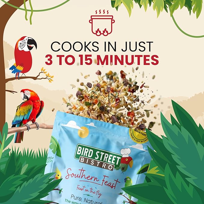 Bird Street Bistro Parrot Food for Parakeets & Cockatiels - Southern Feast - 20 oz - Cooks in 3-15 min, Natural Grains, Fruits & Vegetables - USA Made