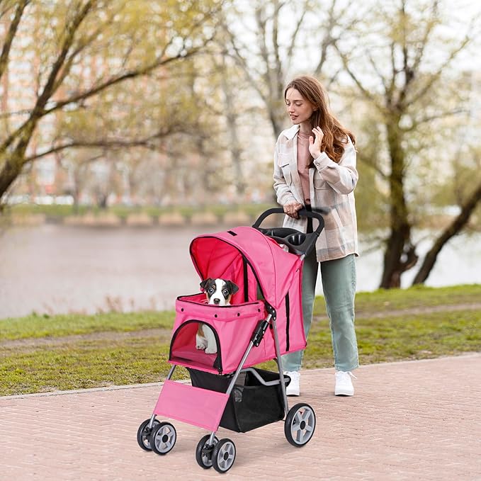 4 Wheels Foldable Pet Dog Cat Jogger Stroller Travel Carrier Strolling Cart w/Waterproof Cover Storage Basket Cup Holder & Removable Liner for Medium Small Cat Dog, Pink
