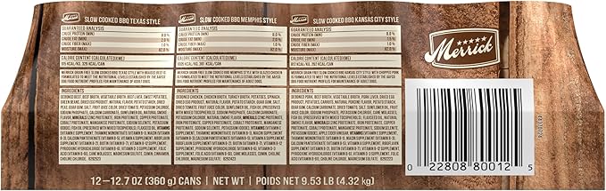 Merrick Slow-Cooked BBQ Premium Real Meat Canned Wet Dog Food Variety Pack, Beef, Chicken And Pork Recipes - (Pack of 12) 9.5 lb. Cans
