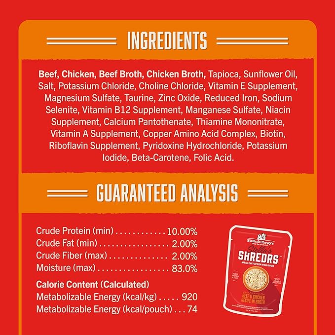 Stella & Chewy's Grass Fed Beef & Chicken Shredrs - Premium Dog Food Pouches - Perfect For Picky Eaters- 24 Pack, 2.8oz Each