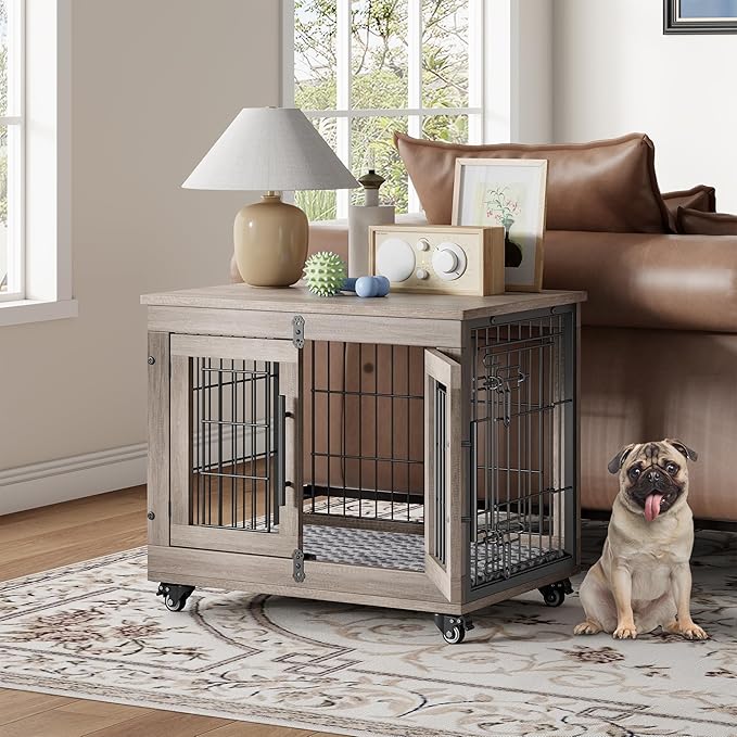 YaFiti Dog Crate Furniture with Cushion Set of 2, Wooden Dog Kennel Indoor with Double Doors, Dog Cage with Wheels, Dog House Side End Table for Small Dogs up to 30 lb, 27.2" L, Grey