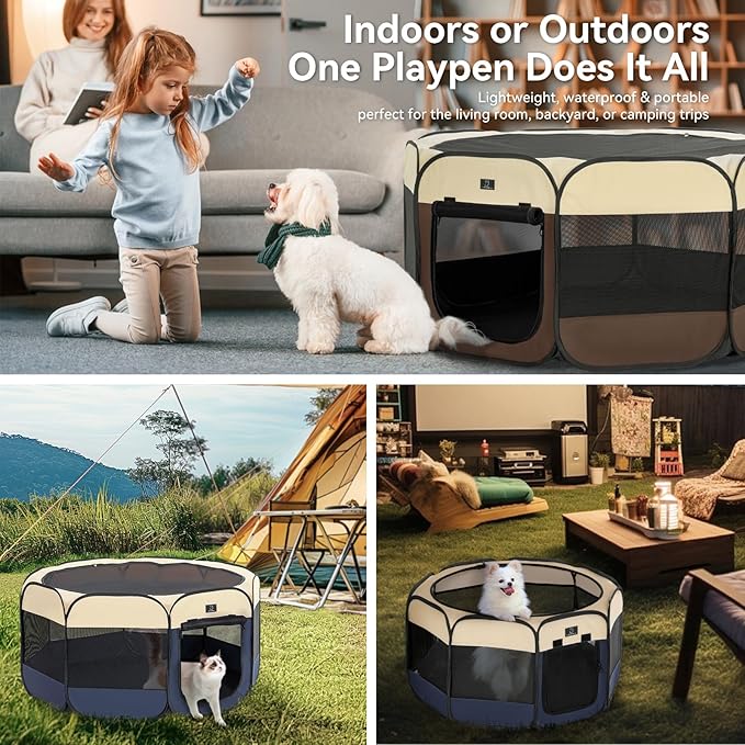Dog Playpen for Small Dogs & Puppies, 40.55" Portable Indoor Outdoor Puppy Playpen with Bowl, Waterproof Floor, Foldable Pop-Up Pet Pen for Home, Travel & Daily Use, Brown+Beige
