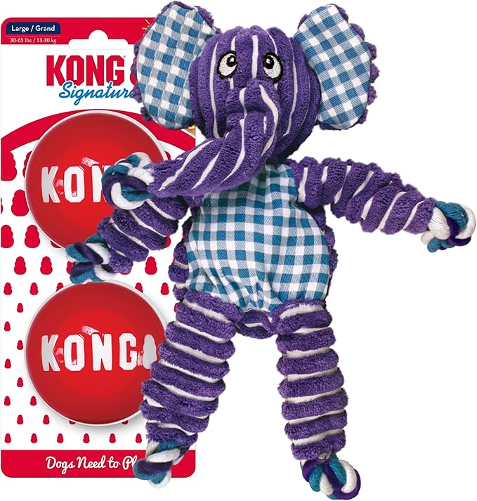 KONG Floppy Knots & Signature Balls (2 Pack) - Knotted Dog Toy Entices Play & Satisfies Instincts - Dog Supplies with Minimal Stuffing - Strong Dog Toy Balls for Fetch - Elephant, for Large Dogs