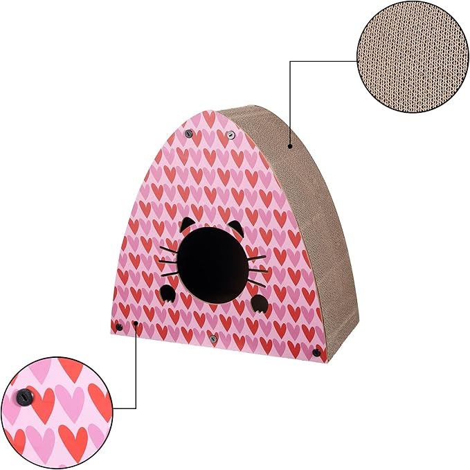 CSR1006C Koko 19" Modern Cardboard Triangle Cat Cave Scratcher with Catnip, Pink/Red, 2-in-1 Corrugated Cat House Hideaway & Scratching Board for Cats, Durable Furniture Protector
