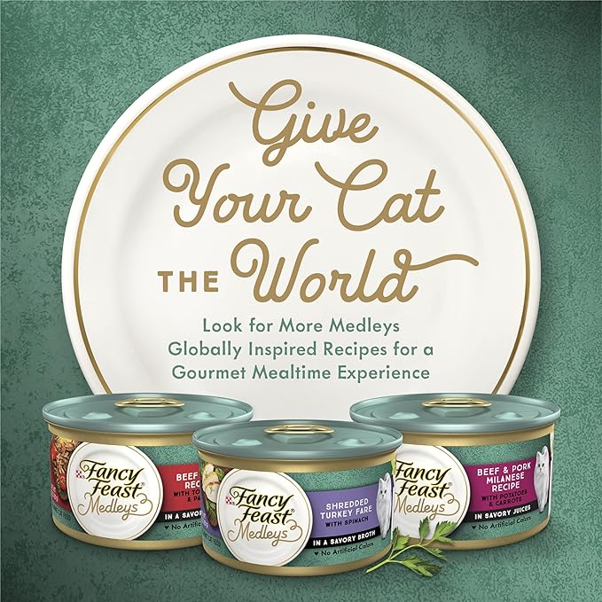 Fancy Feast Purina Wet Cat Food Medleys Shredded White Meat Chicken Fare with Spinach in Savory Cat Food Broth - 3 oz. Cans (Pack of 48)