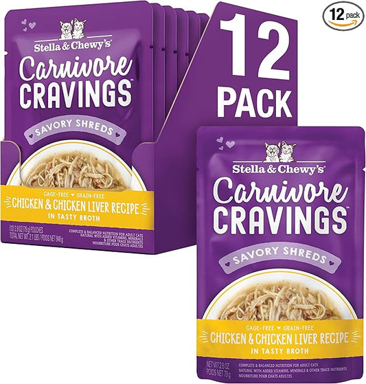 Stella & Chewy's Carnivore Cravings Wet Cat Food - Premium Pouches - Grain Free, High Protein Chicken & Chicken Liver - Perfect for Pickey Eaters - Complete Meal or Topper (2.8 oz, 12 Pack)