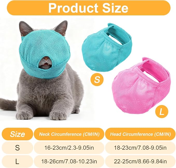 2Pcs Cat Muzzles Breathable Mesh Muzzles with Soft Mesh Covered, Cat Muzzle for Nail Trimming, Anti Bite Anti Meow Prevent from Biting