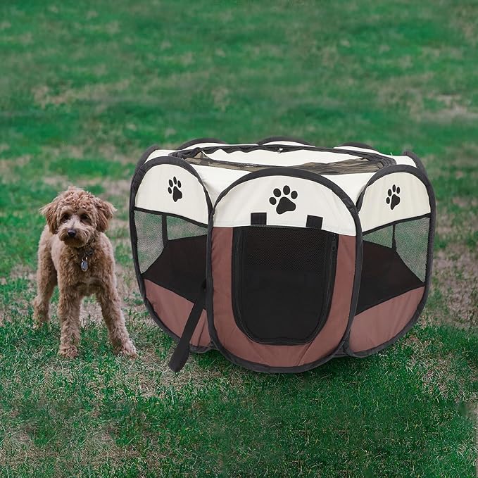 KALLORY Portable Pet Playpen Octagonal Soft Puppy Playpen Folding Oxford Fabric Small Dog Crate with Zipper Mesh Door Indoor Outdoor Exercise Pen for Puppies and Small Dogs