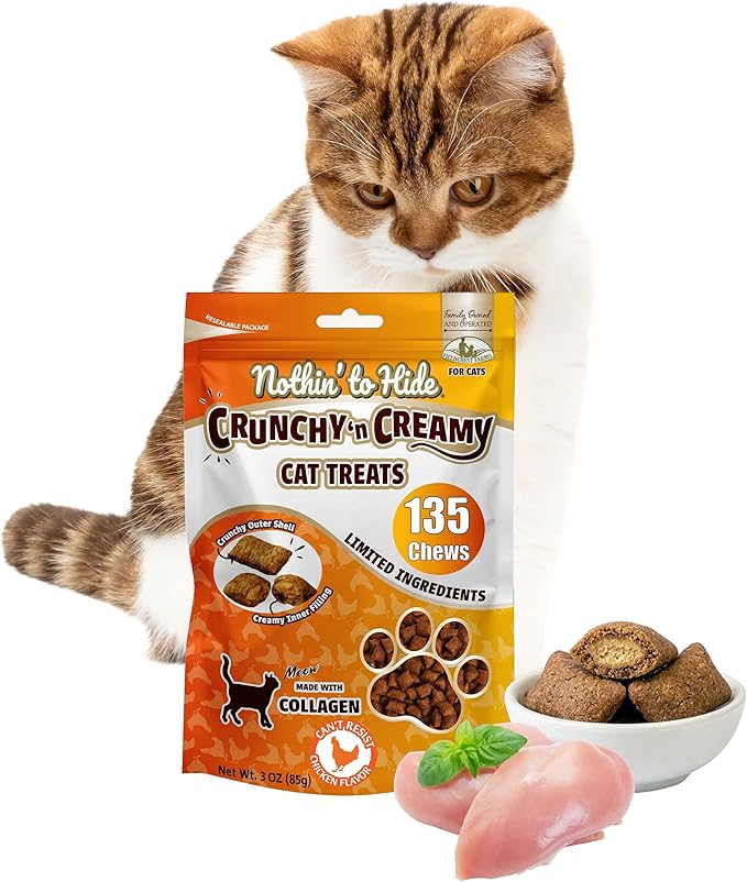 Fieldcrest Farms Nothin’ to Hide Collagen Cat Treats – Crunchy & Creamy Cat Snacks, High-Protein Treats for Healthy Skin, Coat & Joints, Chicken Flavor, 3 oz.