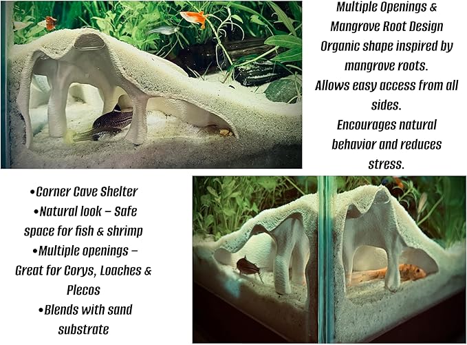 Aquarium & Terrarium Corner Underground Cave – Faux Mangrove Root Hideout for Betta, Corydoras, Shrimp, Geckos & Snakes – Natural-Look Tank Decor in Textured Root Style (Desert Tan, 7.5''x7.5''x4'')