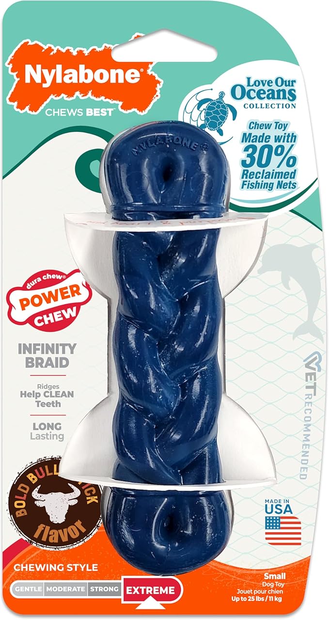 Nylabone Love Our Oceans Infinity Braid Bone Power Chew Toy for Dogs, Recycled & Sustainable Dog Chew Bones, Made in USA, Bully Stick Flavor, Small Dog Toys - Up to 25lbs, 1 Count