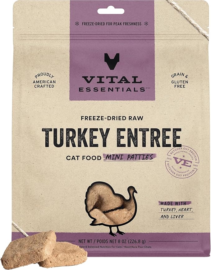 Vital Essentials Freeze Dried Cat Food, Raw Turkey Mini Patties | Complete Meal or Topper | Easy to Portion and Rehydrate | High Protein, Grain Free Dry Cat Food |8 oz Bag