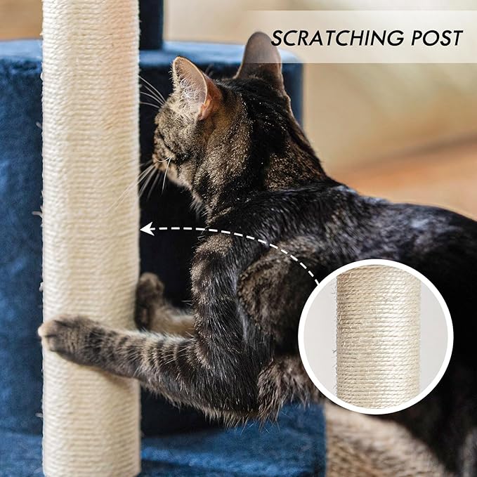 ClevaHome Small Deep Denim Blue Cat Tree for Small Spaces, Kittens, 33.5" Multi-Level Condo with Sisal Scratching Post, Plush Perches & Interactive Pompom Toy for Indoor Cats