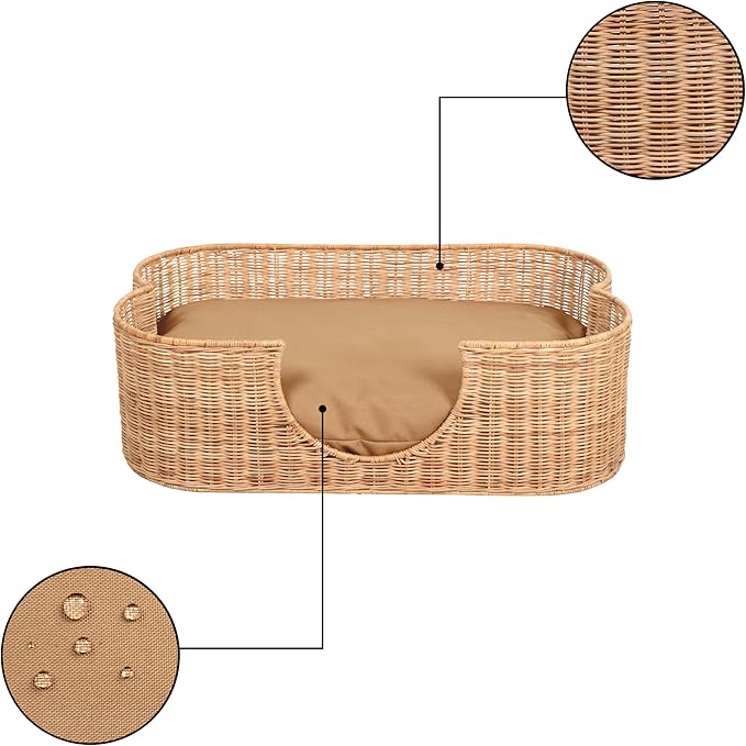 DBD1003B Scallop Handwoven Water Hyacinth Pet Bed with Machine Washable Cushion, 31" x 20" Wicker Cat and Dog Bed for Medium to Large Pets, Boho Tropical Style Basket, Light Brown