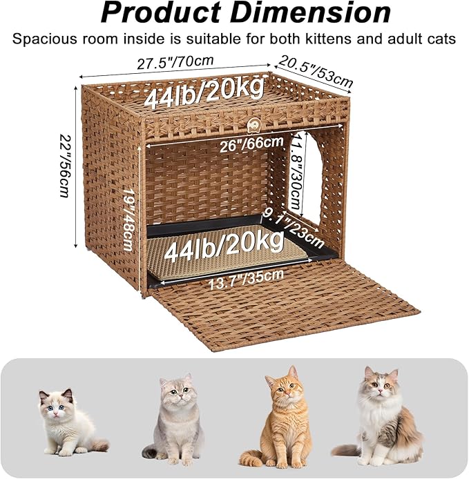 PeakPursuit Rattan Litter Box Enclosure Hidden Cat Furniture with Removable Litter Mat, Natural Cat House End Table, Easy Assembly, 27.5" l x 20.5" w x 22" h Natural Color