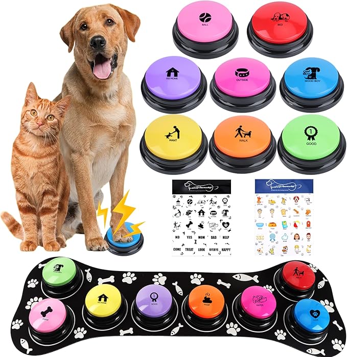 Dog Buttons for Communication, 8 Color Dog Talking Button Set, 30s Recordable Voice Pet Training Buzzers, Speaking Buttons for Dogs & Cats with Mat and 2 Scene Stickers (Batteries Not Included)