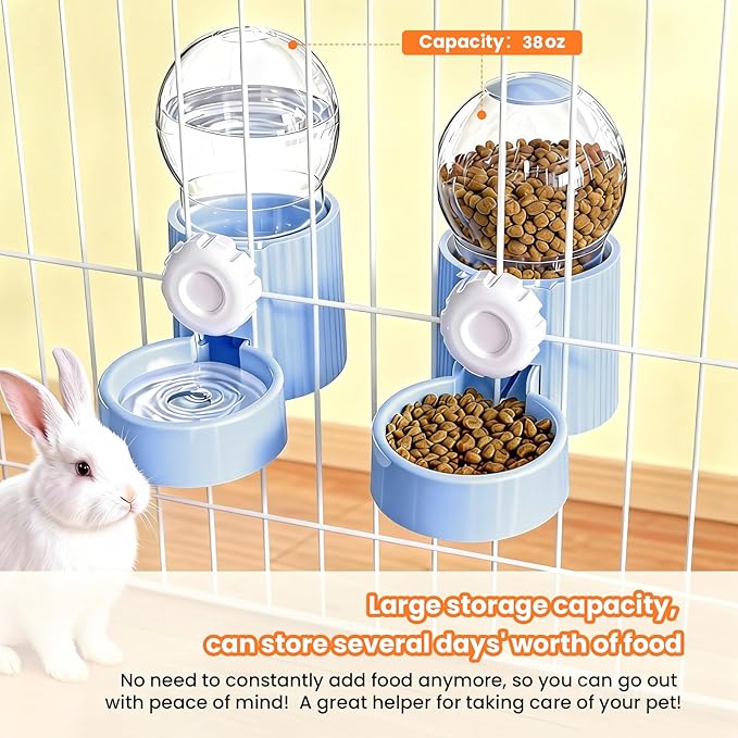38oz Hanging Automatic Food Water Dispenser, Large Capacity Gravity Rabbit Water Dispenser and Feeder Set, for Bunny Guinea Pig Chinchilla Ferret Cage Accessories (Blue)