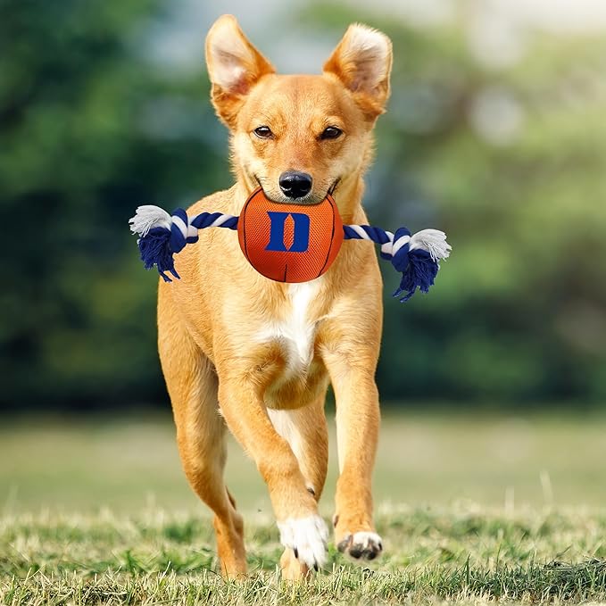 NCAA Duke Blue DEVILSBasketball Rope Toy for Dogs & Cats. Tough Nylon, Sporty Basketball Design, Heavy-Duty Ropes with Inner Squeaker