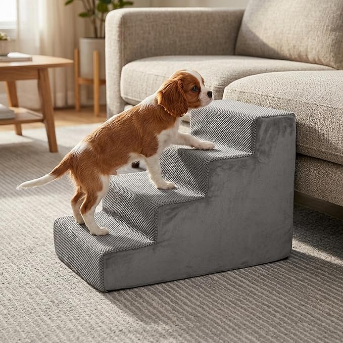 HealSmart Dog Stairs for Small Dogs, 5-Step Design Pet Steps for Puppies and Senior Cats, Versatile Indoor Pet Ramp Suitable for Sofa Couch and Chair, Non-Slip High-Density Foam Pet Ladder, Gray