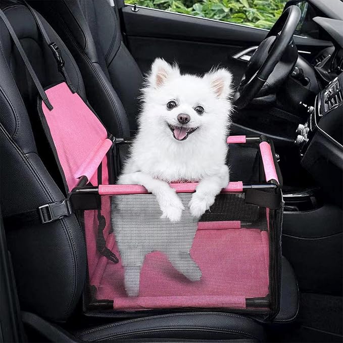 GENORTH Dog Car Seats for Small and Medium Dogs,Portable Puppy/Pet Car Booster Seat with Clip-On Leash and Mesh Window for Pet Up to 20 lbs