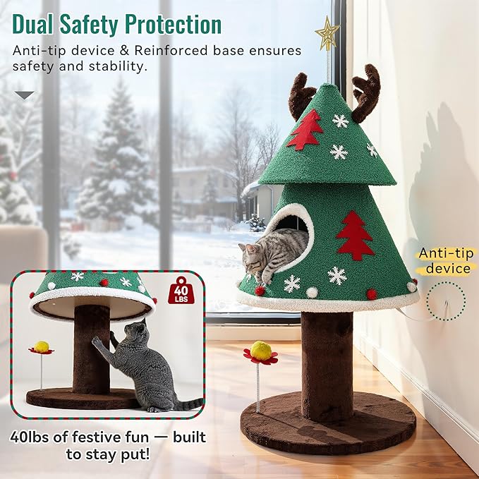DWVO 47.2in Christmas Cat Tree for Indoor, Cat Tower Cute with Teaser Plaything, Holiday Kitty Climbing Furniture for Kittens to Play and Sleep