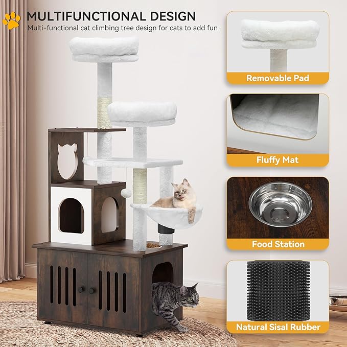 YITAHOME Cat Tree with Litter Box Enclosure, 2-in-1 Cat Furniture, Modern Cat Condo with Cat House, Perch, Food Station, Hammocks, Scratch Post, Hair Brush, 59 Inch, Rustic Brown