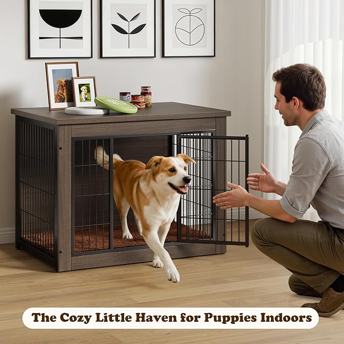 Dog Crate Furniture with Thick Cushion, Side End Table Wooden Dog Cage with Double Doors, Chew-Resistant Dog Kennel Dog House Indoor for Small to Large Dog