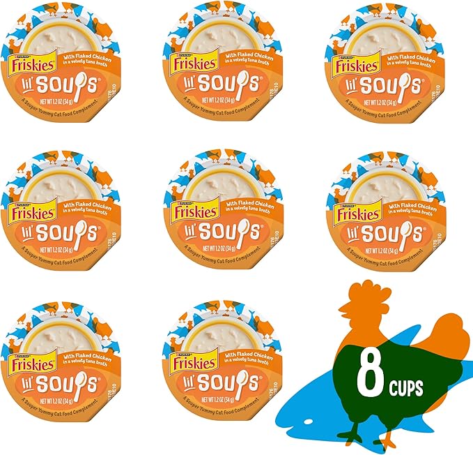 Friskies Purina Natural,Grain Free Wet Cat Food Lickable Cat Treats,Lil' Soups Flaked Chicken - 1.2 oz. Tubs,(Pack of 16)