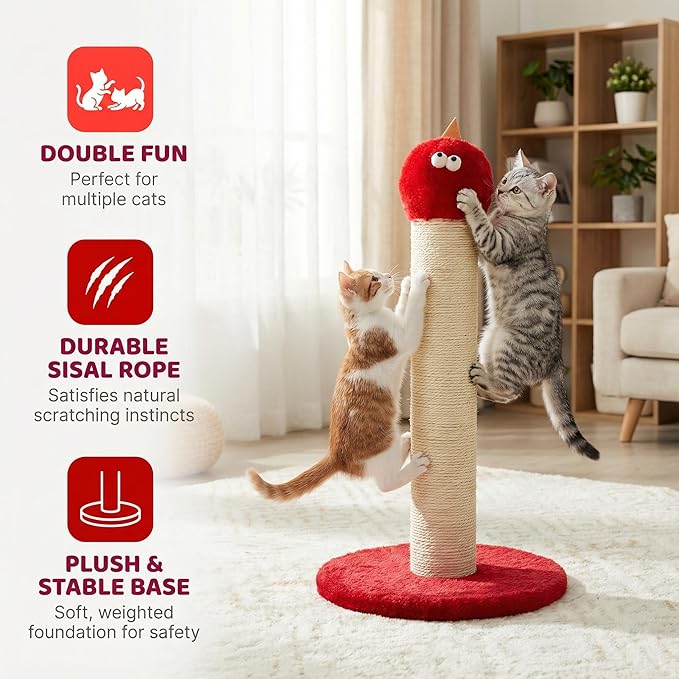 Cat Scratching Post for Small Space, 22'' Scratching Posts for Indoor Cats Adults, Extra Wide 13.4" Stable Base & Natural Sisal, Cute Cat Scratching Post with Short Plush Fabric for Large Cats, Red