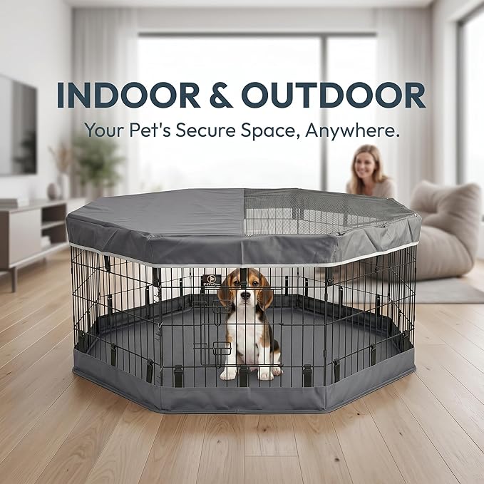 PJYuCien Dog Playpen with Top Cover and Bottom Pad - Metal Foldable Exercise Pen, 8 Panels 24" H x 24" W Indoor Outdoor Pet Fence Puppy Crate Kennel, Gray