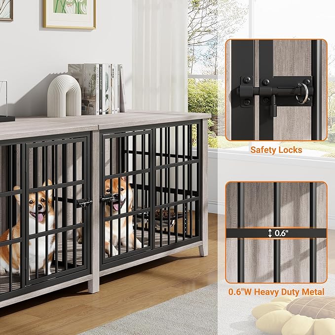 Lulive 78-Inch Extra Large Wooden Dog Crate – Multi-Functional Furniture for Large or Multiple Dogs (Grey)