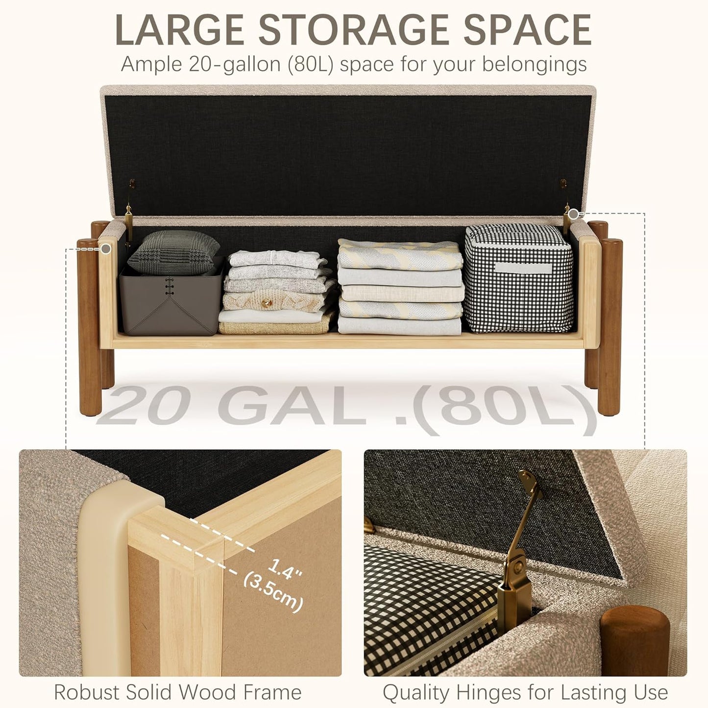 Modern Storage Benches with Walnut Wood Legs, 47'' Ottoman Bench with 20 Gallons Storage Space for Bedroom End of Bed, Fabric Upholstered Entryway Bench with Seating for Livingroom, Beige