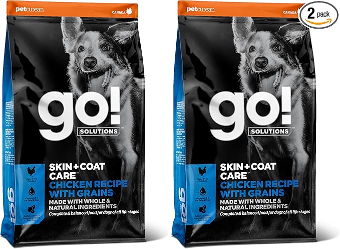 Go! Solutions Skin + Coat Care Chicken Dry Dog Food with Grains, Healthy Kibble with Omega-3s & 6s for Soft, Shiny Fur, for Puppies, Adults, & Seniors, 3.5 lb Bag (Pack of 2)