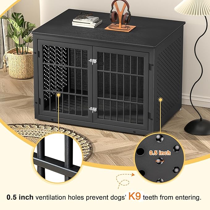 rehomerance 42" Heavy Duty Dog Crate Furniture for Large and Medium Dogs, Enclosed Design Wooden Metal Kennel, Wooden Cage Furniture Indoor, Decorative Dog Kennel End Table