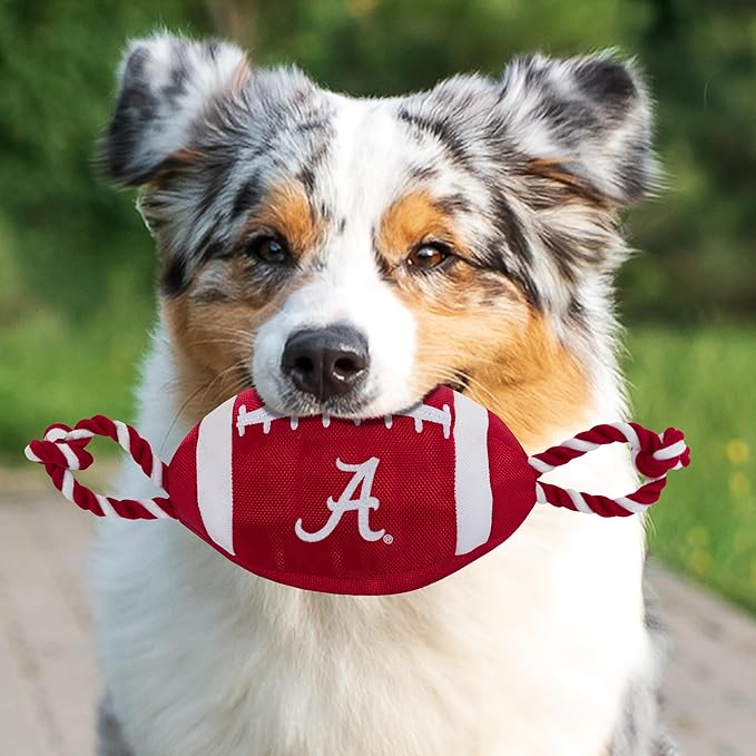 NCAA Alabama Crimson Tide Football Dog Toy, Tough Quality Nylon Materials, Strong Pull Ropes, Inner Squeaker, Collegiate Team Color