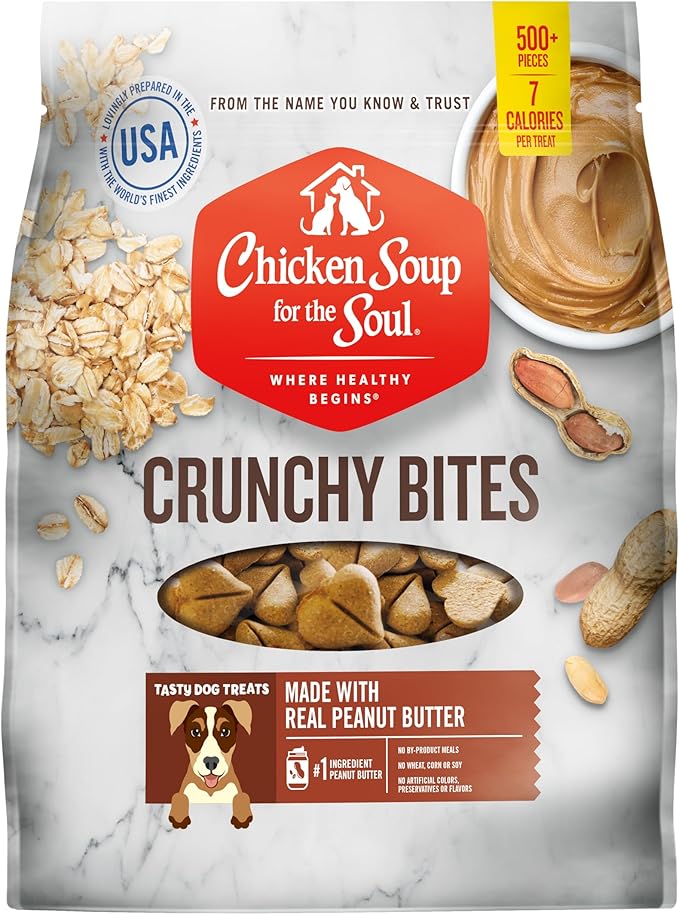 Chicken Soup for The Soul All Natural Premium Crunchy Bites Dog Treats, Real Peanut Butter First Ingredient, No by-Products, Artificial Colors, Flavors or Preservatives, Peanut Butter, 32oz