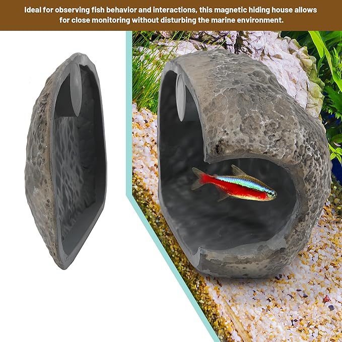 Upgraded Magnetic Detachable Aquarium Hideaway Rock Cave to Check Your Aquatic Pets to Breed, Play and Rest Safe and Non-Toxic Resin Fish Tank Viewing Hideout Ornaments