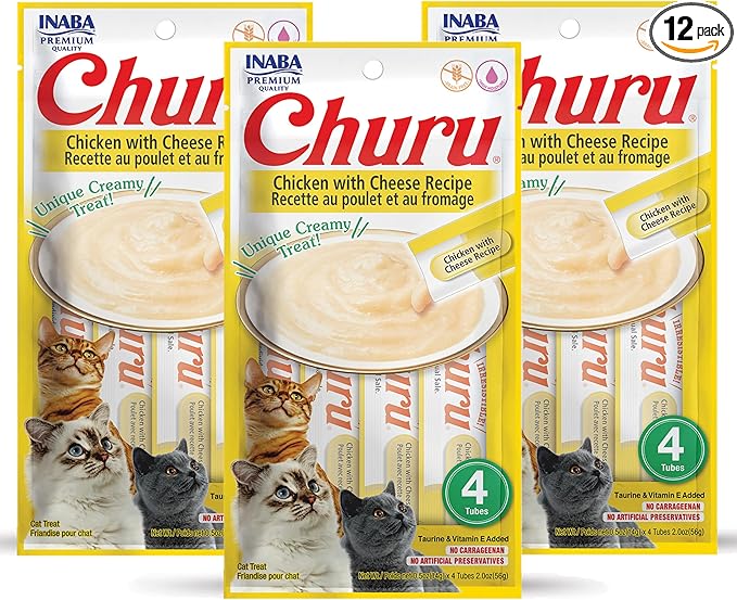 INABA Churu Cat Treats, Grain-Free, Lickable, Squeezable Creamy Purée Cat Treat/Topper with Vitamin E & Taurine, 0.5 Ounces Each Tube, 12 Tubes (4 per Pack), Chicken with Cheese Recipe