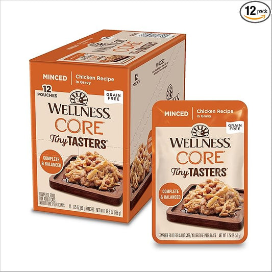 Wellness CORE Tiny Tasters Minced Adult Wet Cat Food, Natural, Protein Rich, Grain Free, Chicken Recipe, 1.75 oz, Pack of 12 Pouches