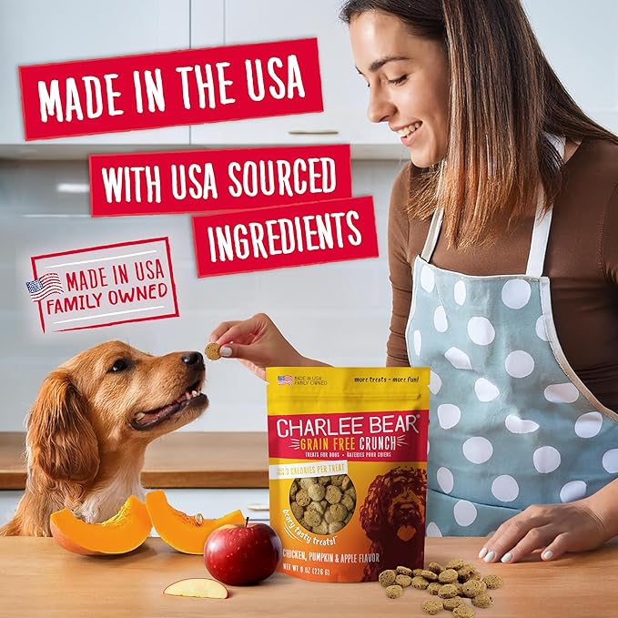 Charlee Bear Crunchy Dog Training Treats, Low Calorie (3 Kcal), Grain Free Natural Mini Treats for Puppies, Small, Medium & Large Dogs, USA Made, Healthy Chicken, Pumpkin & Apple Flavor 8oz (2-Pack)