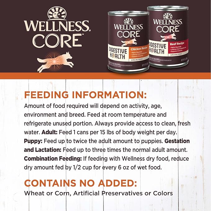 Wellness CORE Digestive Health Pate Variety Pack Adult Canned Wet Dog Food, Grain Free, Sensitive Stomach, Natural 13 oz, Pack of 6 Cans