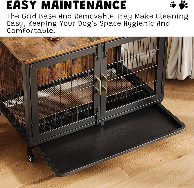 GarveeLife 37.5 in Dog Kennel Furniture, Heavy Duty Dog Crate Furniture with Wheels, Grid Base, Removable Tray, Latches, Indoor Farmhouse Dog Cage for Medium and Small Dogs, Brown