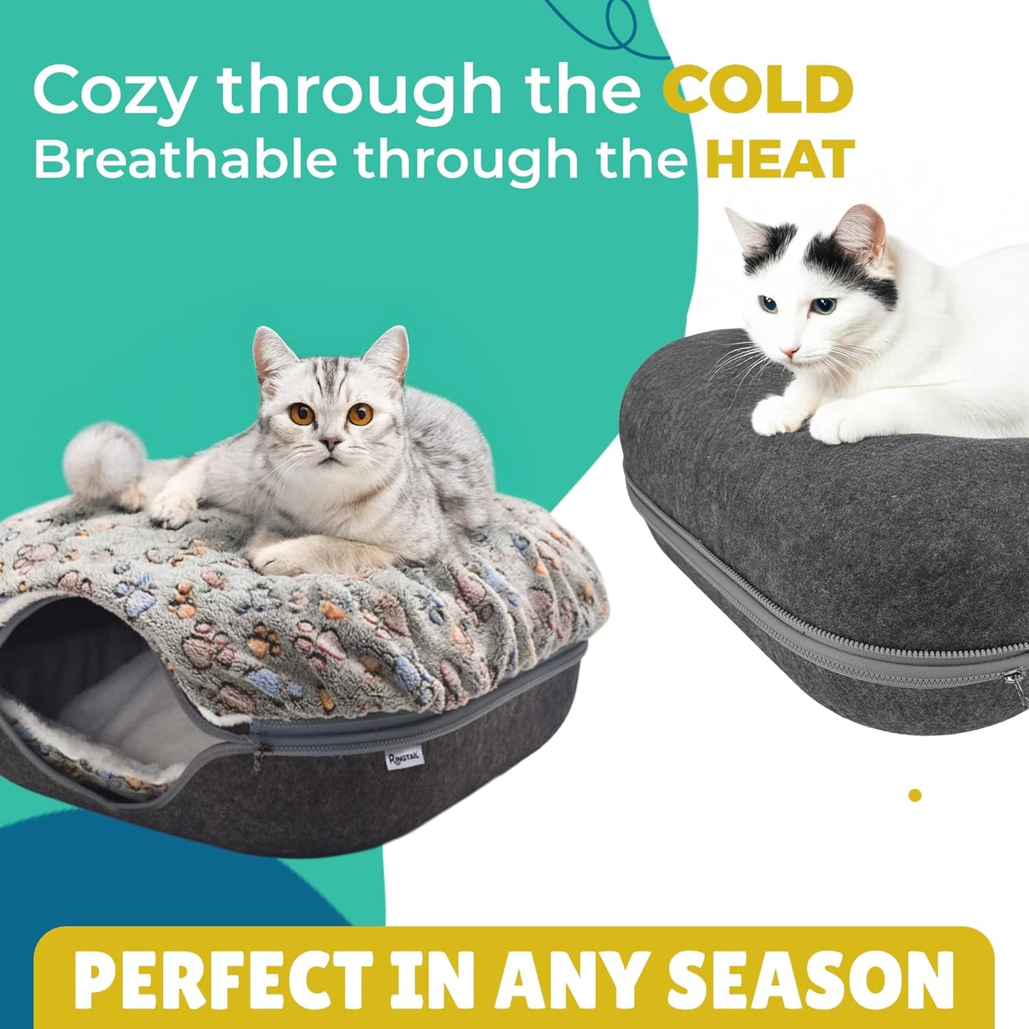 RINGTAIL Peekaboo Cat Cave - Cat Caves for Indoor Cats, Cat Donut Tunnel Bed, Kitten Beds Felt, Cat Bed Cave Square with Two Fluffy Fleece Cushion, Nest Cove Scratch-Resistant Detachable & Washable