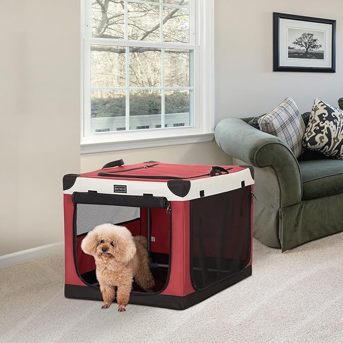 PETSFIT 26" Soft Portable Dog Crate – Patented Spiral Sturdy Frame, Collapsible Travel Kennel for Small Dogs, 3 Mesh Door, Lockable Zippers, Indoor & Car Use Red