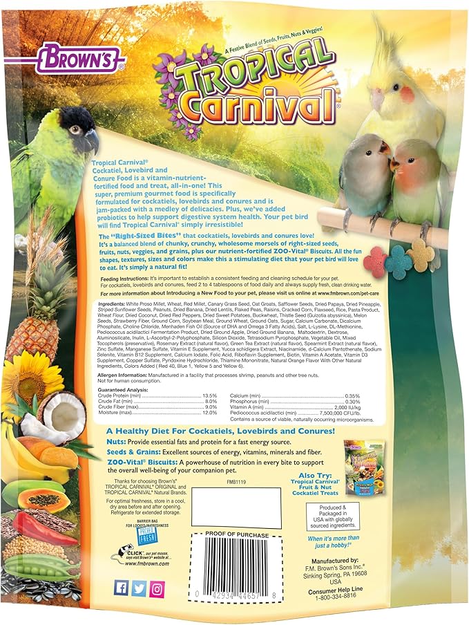 F.M. Brown's Tropical Carnival Gourmet Bird Food for Cockatiels, Lovebirds, and Conures, Vitamin-Nutrient Fortified Daily Diet, 3lb