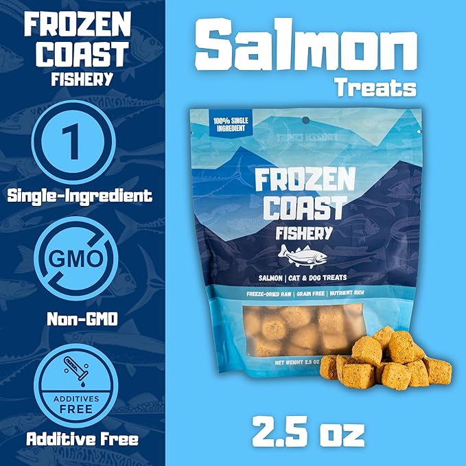 Frozen Coast Freeze-Dried Wild-Caught Salmon Cat & Dog Treats-Single-Ingredient, Omega-3, Grain-Free (2.5 oz-Bag)