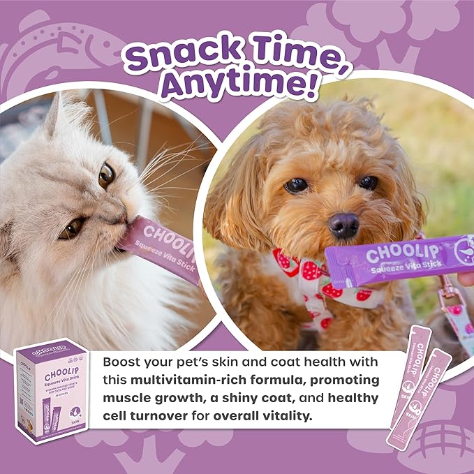 Choolip Squeeze Vita Stick Skin Support Lickable Cat and Dog Treats – 49-Count Multivitamin Sticks for Skin and Coat Health, Soft Puree for All Life Stages – Box with 7 Pouches