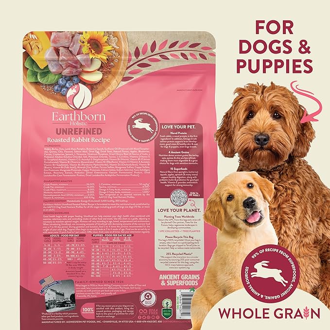 Earthborn Holistic Unrefined Roasted Rabbit Dry Dog Food, Ancient Grains & Superfoods, Pea-Free Recipe, 25 lb Bag