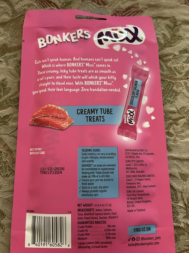 Bonkers Mixx, Wet Lickable Tube Succulent Salmon Flavor Cat Treats, Real Meat, Training or Food Topper, for All Breeds and Ages (3 Pack)
